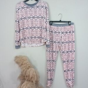 Kensie Pink / Black Long Sleeve  Plush Women's Pajama Set sz L Lounge Wear
